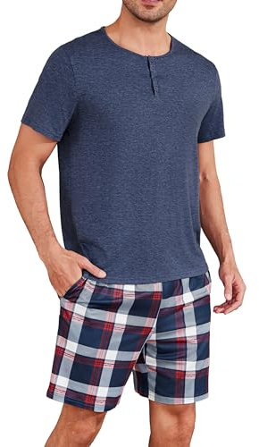 Uniexcosm Pyjama Homme Coton Ete Pyjama Manches Courtes Pyjama À Carreaux Homme Pantalon Manches Courtes Marine XL