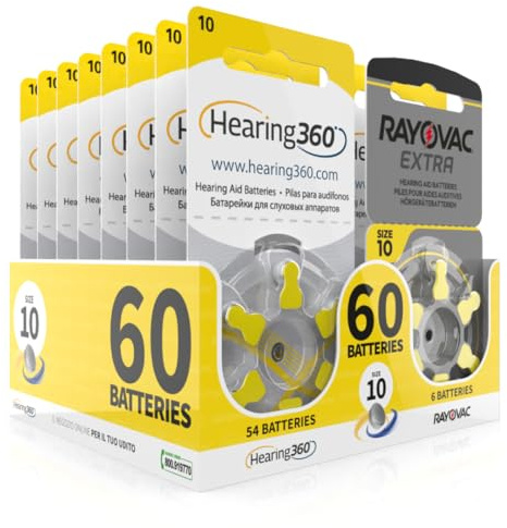 Hearing360 Rayovac Extra and Hearing360 Hearing Aid Batteries Size 10 Yellow (10 Blister Packs, 60)
