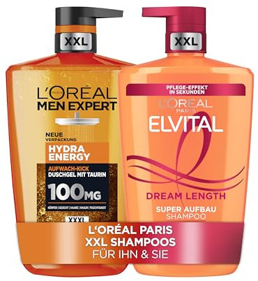L'Oréal Paris XXXL Pflege-Set für Ihn und Sie: Men Expert Hydra Energy Duschgel – Frische und Reinigung, Elvital Dream Length Shampoo – Stärkende Aufbaupflege, Amazon Exklusiv, 2 x 1000 ml