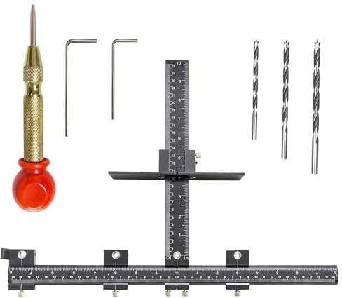 Cabinet Hardware Jig - Precision Drilling Guide Tool for Cabinet Door/Drawer Handle & Knob Installation with 3 Drill Bits & Auto Punch, Hardware Jig for Woodworkers DIY, Metal