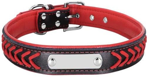 Collares de Perro Personalizados para Perros Pequeños, Medianos y Grandes con Placa de Identificación, Collares de Identificación de Cuero Trenzado para Perros - Tamaños Ajustables (Rojo XS)