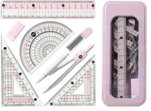 Protractor And Compass Set,Geometry Sets for Secondary School Stationery | Pink Aesthetic Cute Math Kit Maths Supplies Set Kids Drawing Equipment Box,for Girls Students Teaching(Pink)