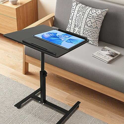 VIIROUD Laptoptisch, Betttisch mit Rollen, höhenverstellbar, leicht, Sofa-Ende, mobil mit 4 Rollen, modern, niedrig, 61 x 44 x 65/95 cm, Schwarz