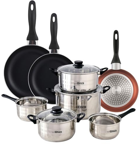 Well Home Set de Batería de cocina de 8pc en acero inoxidable + 3 Sartenes Ø16Ø20Ø24cm Cobre metalizado en aluminio prensado