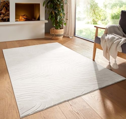 Kurzflor Boho Vintage Teppich waschbar, pflegeleicht geeignet für Wohnzimmer, Schlafzimmer und Kinderzimmer Kinderteppich auch als Badematte Badzimmerteppich Creme abstrakte Wellen 160x230 cm