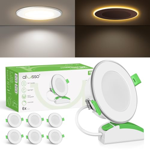 ALUSSO 6er Set LED Einbaustrahler 230V mit Nachtlichtfunktion, 4/6/8 W LED Spot, 3000K/4000K/6500K Dimmbar, Ultra Flach IP44 Deckenspots, 68–75 mm für Küchen, Wohnzimmer und Schlafzimmer