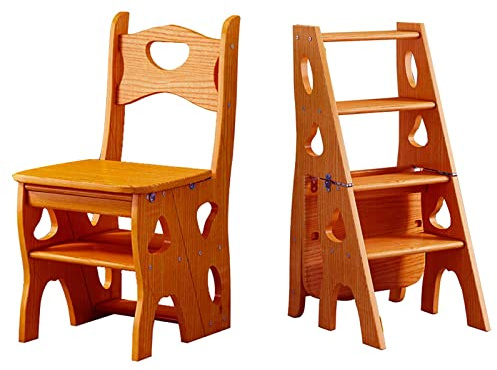 LBLFEBD 4-Step Wooden Folding Ladder Chair, Convertible Stepladder with Backrest, Portable Step Stool & Display Stand for Home, Library, Kitchen and Garden