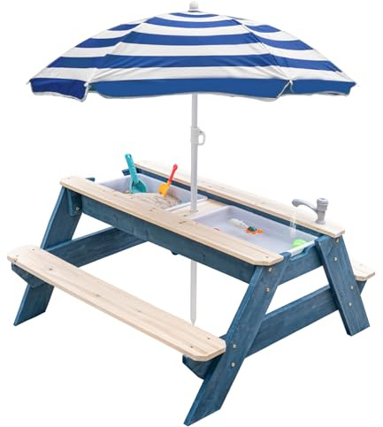 K LUCKIDS Kids 3-in-1 Sand- und Wasser-Aktivitätstisch, Holz, Outdoor, wandelbarer Picknicktisch mit Regenschirm, 2 Spielboxen, abnehmbare Oberseite, Wasserhahn-Tisch für den Außenbereich (Blue/Navy)