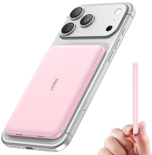 for Magsafe Power Bank, 5000mAh Slim Wireless Portable Charger | Magnetic Power Bank Fast Charging with USB-C, Battery Pack Compatible with iPhone 17/16/15/14/13/12 Series (Pink)