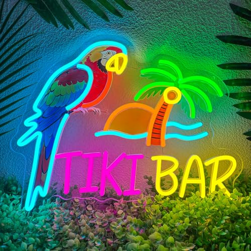 Enseigne Néon TIKI BAR LED Palmier & Perroquet à Intensité Variable | Alimenté par USB Imprimé UV Lampe pour Bar, Pub, Fête, Man Cave, Style Tropical Hawaïen