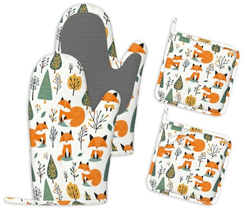 4er-Set Ofenhandschuhe und Topflappen Fuchs im Wald Silikon Küchenhandschuhe Topfhandschuhe Hitzebeständig rutschfest Backofen Handschuhe für Kochen Backen und Grillen