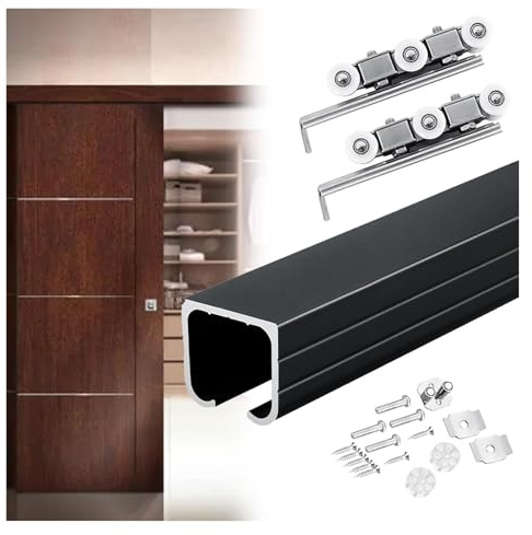 SXEVZOO Kit de Herrajes para Rieles Metálicos para Puertas Correderas de Montaje en Techo, Riel Guía de Rieles Individuales para Puertas Correderas 1,2m a 5,5m(Black,11ft (3.4m))