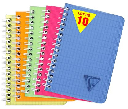 Clairefontaine 328425C Collection Linicolor Fresh Lot de 10 Carnets à Spirale - 9x14 cm - 100 Pages Petits Carreaux - Papier Blanc 90 g - Couverture Polypro Transparent - Couleurs Aléatoires