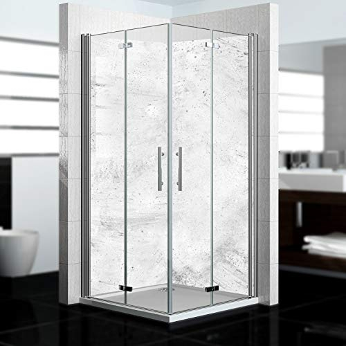 dedeco Eck-Duschrückwand wasserfest mit Beton V4 Motiv - 2 x 90x200 cm, als Badrückwand zum Fliesenersatz, als Dekorwand, Wandverkleidung und Duschplatte aus hochwertigem Aluminium - Made in Germany