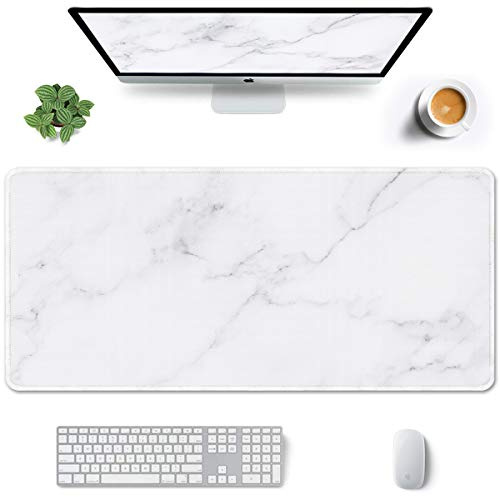 Auhoahsil Großes Gaming-Mauspad, Marmor-Thema, XXL, 90 x 40 cm, Schreibtischunterlage, genäht, rutschfest, Gummi, lang, Computer-Mauspad, dünn, erweitert, ganzflächig, PC/Laptop, kabellose Maus, Weiß
