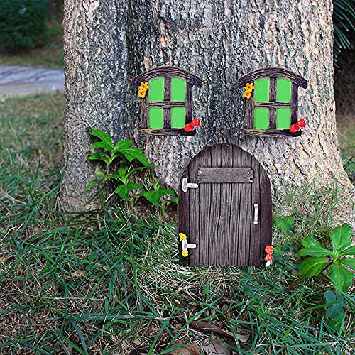 AIITLLYNA Feen Türen und Fenster,Fairy Door Garden Feentür-Bastelset aus Holz mit Blume und Pilz Gartendeko für Außen für Haus Fenster und Tür für Bäume Hofkunst Gartenskulptur Dekoration (B)