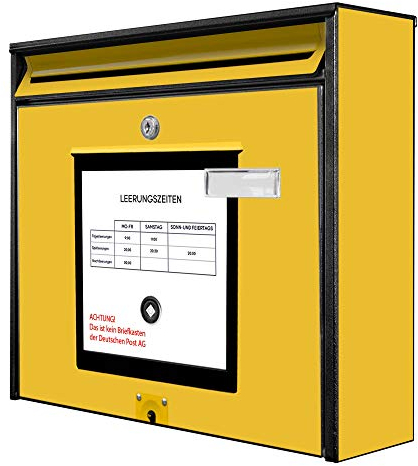banjado® Burg-Wächter® Briefkasten mit Motiv Post Gelb/Briefkasten ohne Zeitungsfach 32x36x10 cm groß/Briefkasten mit Namensschild A4 Einwurf inkl. Montagematerial & 2 Schlüsseln