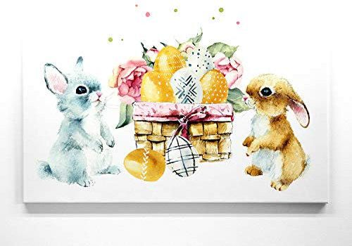 Bezaubernde Osterbilder zur Dekoration, Osterhase handgemalt - als großes XXL Leinwand-Bild 120x80cm. Ideal als Wandbild für Küche, Wohnzimmer & Kinderzimmer. Aufgespannt auf 2cm Holzrahmen
