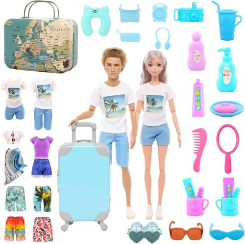 Miunana 28PCS Travel Clothes and Accessories Blue Trunk Suitcase 2 Girl Doll Clothes 1 Boy Suits 8 Life Accessories 12 Wash Telescope Sunglasses （Not Include Doll）
