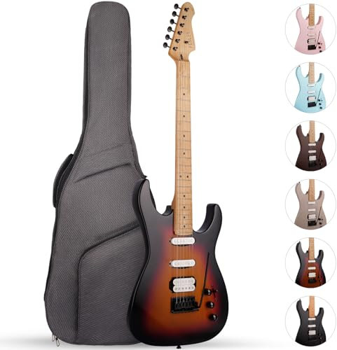 Fesley 99.1 cm E-Gitarre Full Size Solid Body E-Gitarren für Anfänger, ST Style, Ahornhals/Griffbrett, E-Gitarren-Kit mit HSS Pickup Coil Split, Gigbag, matt, Sunset