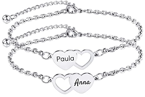 OTXIXTO 2 PCS Conjunto de Pulseras Personalizadas en Forma de Corazón 1～3 Nombres Personalizados para Mujeres Pulseras de Amistad BFF para 2 Hermanas(Plata 2PCS)