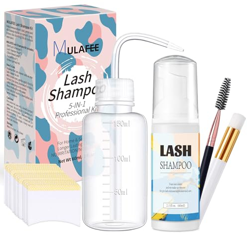 MULAFEE Eyelash Extension Cleanser, Lash Extension Shampoo Kit, Oils, Paraben & Sulfate Free Foaming 60 ML Eyelash Shampoo with Rinse Bottle and Soft Brush Safe for Salon Use and Home Care