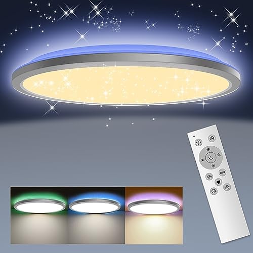 Nigecue 24W LED Sternenhimmel Deckenleuchte Flach mit Fernbedienung, Dimmbare LED Deckenlampe mit einstellbare 3000K-6000K Farbtemperatur RGB-Hintergrundbeleuchtung