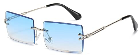 OSAGAMA Kleine Rechteckige Sonnenbrille Damen Herren Randlose Quadratische Brille Brillen UV400 (Silber/Blau mit Farbverlauf)