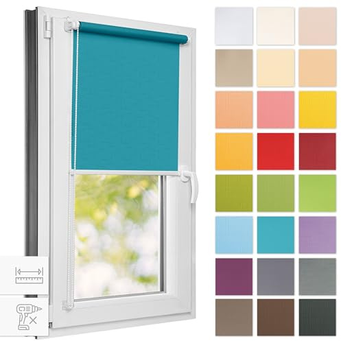 Estika Rollo für Fenster ohne Bohren - 130cm x 120cm - Blaue Lagune - 25 Stofffarben, Klemmfix Montage, Fensterrollos für innen, Sichtschutz für Fenster und Balkontür (130 cm Stoffbreite)