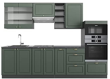 Vicco Küchenzeile Fame-Line, Grün-Gold Landhaus/Anthrazit, 280 cm ohne Arbeitsplatte