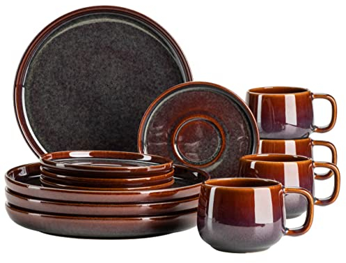 MÄSER Serie Elina Uno, Modernes Kaffeegeschirr Set mit unregelmäßiger Effektglasur für 4 Personen, mit Dessertteller, Kaffeetassen und Untertassen, 12-teiliges Kaffeeservice, Steinzeug, Jungle