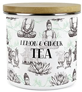 Purely Home Asian Scenes Lemon & Ginger Tea Canister - White Metal Enamel Kitchen Food Storage Container