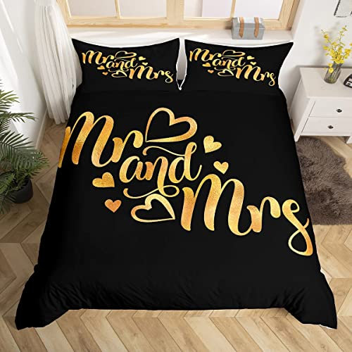 Ensemble de Literie M. et Mme 220x240 pour Femmes Housse de Couette Love Heart pour Couples,Parure de Lit Noir et Or Couvre Lit Romantique pour Adultes et Adolescents Cadeaux de La Saint-Valentin