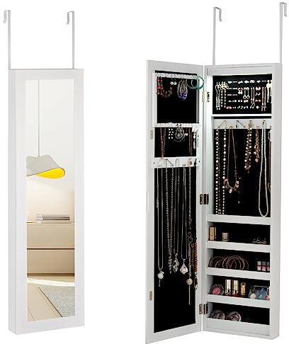 HOMASIS Schmuckschrank mit Ganzkörperspiegel, Wandspiegel, Schmuckregal mit automatischem LED Lichtern, Schmuckkästchen mit Spiegel zum Aufhängen an der Tür, Weiß