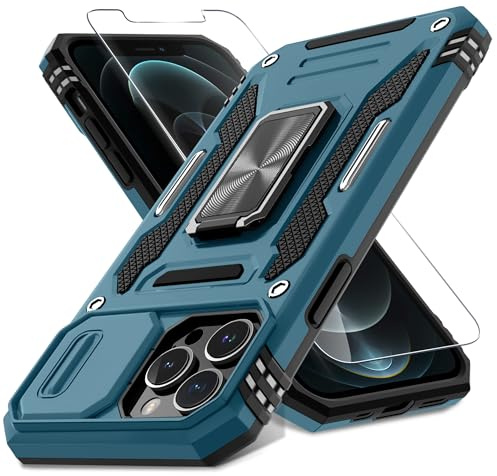 DEERLAMN Case for iPhone 13 Pro Max with Slide Camera Cover+Screen Protector(1 Pack),Rotated Ring Kickstand Military Grade Shockproof Protective Cover 6.7 Inch-Light Blue