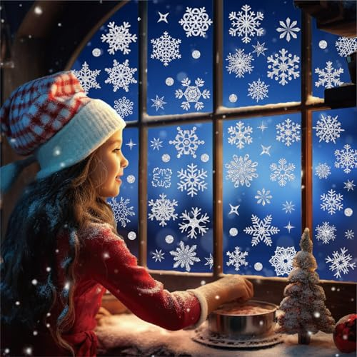 YIHELU Fensterbild Weihnachten Silber Weiß Große Schneeflocken mit Glitzer Silberpulver, Heller und Auffälliger, Abnehmbare Schneeflocken Fensterdeko Aufkleber Deko Fenster für Winter Weihnachts