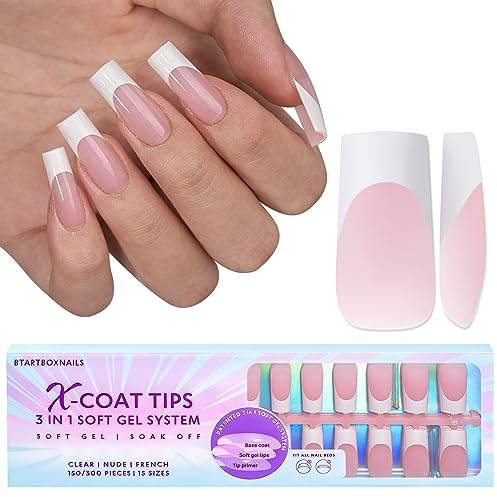 BTArtbox French Press On Nails Long Square Soft Gel Nail Tips Full Cover Nageltip, French XCOATTIPS French Künstliche Fake nails mit Pre-applied Tip Primer & Base Coat Cover, Rosa