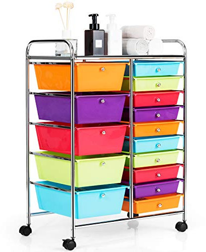 GOPLUS Rollwagen mit 15 stapelbaren Schubladen, Schubladenwagen Farbewahl, Beistellwagen Haushaltswagen Rollcontainer Badrollwagen Badtrolley Badregal (Bunt 1)
