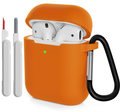 KOKOKA Silikonhülle Kompatibel mit AirPods 2 Hülle mit Reinigungsset und Schutzhülle für AirPods 2. Generation Case, Stoßfeste Weiche Dünne Case für Airpods 2 Mit Karabiner, Orange