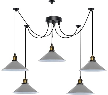 LEDSone Industrielle 5-flammige Spider-Pendelleuchte, verstellbare Hänge-Deckenleuchte mit E27-Kegel-Metallschirmen (Grau)