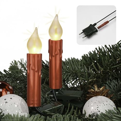 hellum LED Lichterkette Weihnachtsbaum mit Wachstropfen Made-in-Germany, Tannenbaum Lichterkette mit Clip, 20 Lichter, beleuchtet 13,3m, Kabel grün Schaft rot, für innen mit teilbarem Stecker 815078