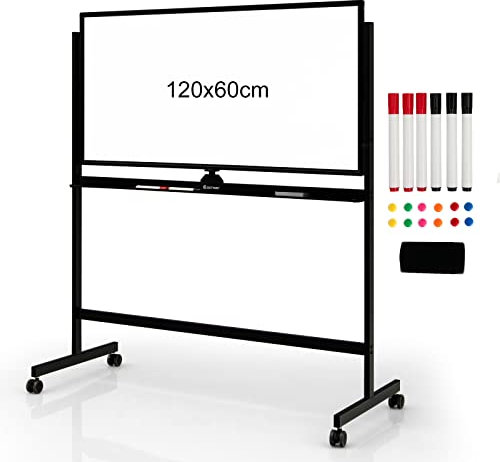 COSTWAY Mobiles Whiteboard, 120 x 60 cm, doppelseitiges magnetisches Whiteboard mit Ständer & Rollen, trocken abwischbar, verstellbare Weißtafel inkl. Zubehör für Zuhause, Büro und Schule, Schwarz