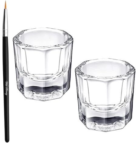 Glamified 2PC Acrylic Nail Art Glass Crystal Pot Professional Make-up Crystal Glass Beauty Brow Tint Pot Small Water Cups For Nail Art Tools + 1 Tinting Brush