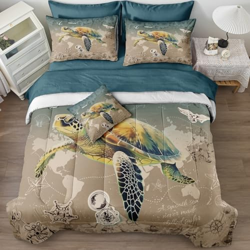 Move Over Sea Turtle Bettwäsche-Set, Kingsize, 8-teilig, Schildkrötenbett in einer Tasche, Kinder, Mädchen, Jungen, Küsten-Bettwäsche-Set, Vintage-Stil, nautischer Stil, Sommer-Bettwäsche-Set für