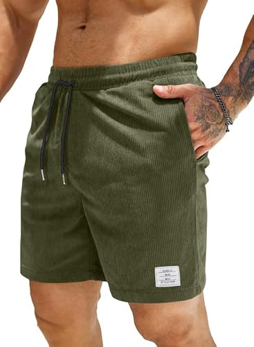 JMIERR Herren Corduroy Short 2024 Sommer Leinen Stretch Baumwolle Kurze Hose mit Taschen Grün XL