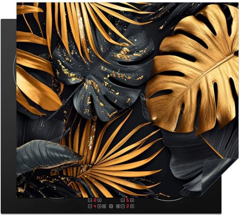KitchenYeah© Protection Pour Plaque Induction 58x51 cm Deco Cuisine Protégé Cache De Cuisson Vitroceramique Feuilles - Or - Noir - Nature - 58x51 cm