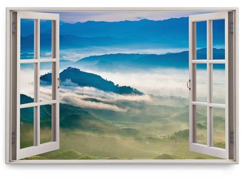 Wandbild 120x80cm Fensterbild Blaustunde Natur Berge Berglandschaft Nebel Blau