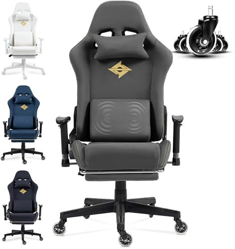 Dowinx Gaming Stuhl, Bürostuhl mit Seidig Glatte Große Räder, Massage Gaming Chair mit Luxuriöser Wildleder-Stoff, 90-165°, Schreibtischstuhl, 150 KG, Grau