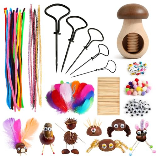 BOFUNX Kinder Kastanienbohrer Bastelset Kastanienbohrer Set DIY Kastanien Herbstdeko - Kastanienhalter Bohrer Pfeifenreiniger Federn Wackelaugen Pompons Zahnstocher
