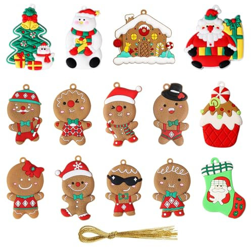 FINEVERNEK 14 Pezzi Ornamenti Natalizi di Pan di Zenzero,Decorazione Ornamento Pan Zenzero Natale Appeso,Decorazioni Albero di Natale con Spago,Decorazione Natalizia in Gomma,Addobbi Natalizi